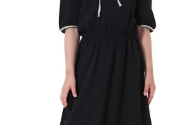 Ababalaya Muslim Islamic Girls Cute Lace-up Bow Neck Short Sleeve Solid Long Maxi Dress