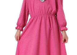 Ababalaya Muslim Islamic Girls Cute Ruffle V-Neck Long Lantern Sleeve Long Maxi Dress