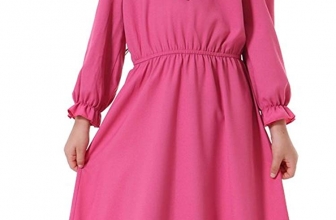 Ababalaya Muslim Islamic Girls Cute Ruffle V-Neck Long Lantern Sleeve Long Maxi Dress