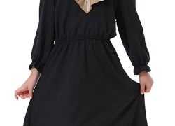 Ababalaya Muslim Islamic Girls Cute Ruffle V-Neck Long Lantern Sleeve Long Maxi Dress