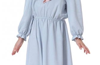 Ababalaya Muslim Islamic Girls Cute Ruffle V-Neck Long Lantern Sleeve Long Maxi Dress