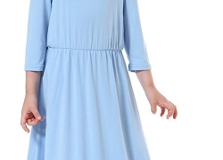 Ababalaya Muslim Islamic Girls Soft Breathable O-Neck 3/4 Sleeve Solid Long Maxi Dress