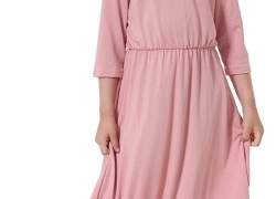 Ababalaya Muslim Islamic Girls Soft Breathable O-Neck 3/4 Sleeve Solid Long Maxi Dress