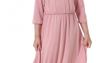 Ababalaya Muslim Islamic Girls Soft Breathable O-Neck 3/4 Sleeve Solid Long Maxi Dress