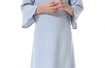 Ababalaya Muslim Islamic Girls Soft O-Neck 3/4 Bell Sleeve Embroidered Long Maxi Dress