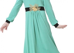 Ababalaya Muslim Islamic Girl’s Soft O-Neck 3D Flower Applique Full Length Abaya Dress