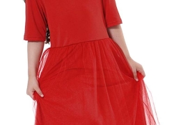 Ababalaya Muslim Islamic Girls Soft O-Neck Half Sleeve Mesh Splicing Long Maxi Dress