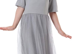 Ababalaya Muslim Islamic Girls Soft O-Neck Half Sleeve Mesh Splicing Long Maxi Dress