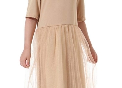 Ababalaya Muslim Islamic Girls Soft O-Neck Half Sleeve Mesh Splicing Long Maxi Dress