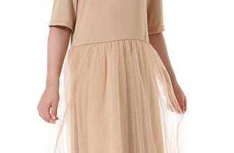 Ababalaya Muslim Islamic Girls Soft O-Neck Half Sleeve Mesh Splicing Long Maxi Dress