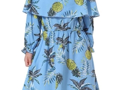 Ababalaya Muslim Islamic Girls Soft O-Neck Long Sleeve Pineapple Ruffle Long Maxi Dress