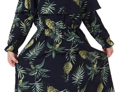 Ababalaya Muslim Islamic Girls Soft O-Neck Long Sleeve Pineapple Ruffle Long Maxi Dress