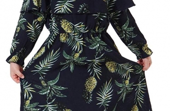 Ababalaya Muslim Islamic Girls Soft O-Neck Long Sleeve Pineapple Ruffle Long Maxi Dress