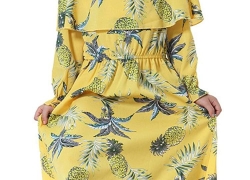 Ababalaya Muslim Islamic Girls Soft O-Neck Long Sleeve Pineapple Ruffle Long Maxi Dress