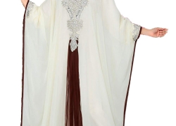 ANIIQ Women Farasha Muslim Islamic Off White & Brown Georgette Embroidered Embelished Long Kaftan Dress SNM 199