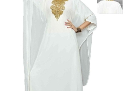 ANIIQ Women Farasha Muslim Islamic Off White Georgette Embroidered Embelished Long Kaftan Dress SNM 654 Free