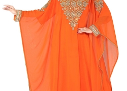 ANIIQ Women Farasha Muslim Islamic Orange Georgette Embroidered Embelished Long Kaftan Dress SNM 134