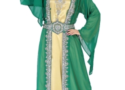 ANIIQ Women Moroccan Kaftan Muslim Islamic Bottle Green & Gold Satin Georgette and Satin Long Kaftan Dress SNM 174