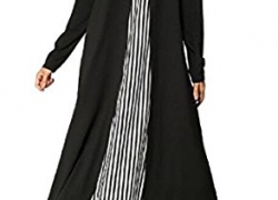 Coolred-Women Muslim Abaya Stripes Longline Long Sleeve Dresses Coolred-Women