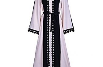 Fancyqube Women’s Elegant Muslim Kaftan Dubai Islamic Abayas Long Sleeve A Line Maxi Dress with Belt Fancyqube