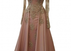 FIGHOUOR 2018 Beaded Gold Pink Prom Dresses With Lace Long Sleeves Muslim Evening Gowns