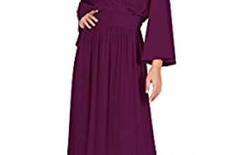 KOH KOH Womens Long Kimono Sleeve V-Neck Wrap Belted Empire Flowy Maxi Dress