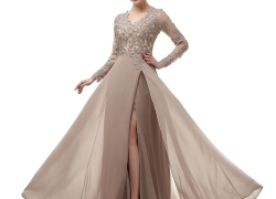 menoqo Elegant Long Sleeve A Line V Neck Chiffon Lace Beaded Long Evening Dresses 2018 Robe De Soiree manche Longue menoqo