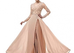 menoqo Elegant Long Sleeve A Line V Neck Chiffon Lace Beaded Long Evening Dresses 2018 Robe De Soiree manche Longue menoqo