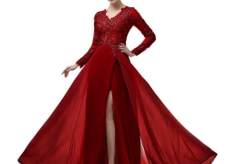 menoqo Elegant Long Sleeve A Line V Neck Chiffon Lace Beaded Long Evening Dresses 2018 Robe De Soiree Manche Longue