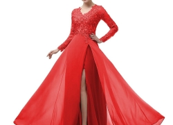 menoqo Elegant Long Sleeve A Line V Neck Chiffon Lace Beaded Long Evening Dresses 2018 Robe De Soiree manche Longue menoqo