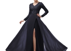 menoqo Elegant Long Sleeve A Line V Neck Chiffon Lace Beaded Long Evening Dresses 2018 Robe De Soiree manche Longue menoqo
