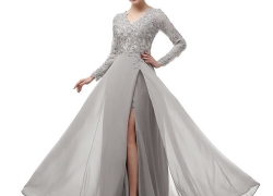 menoqo Elegant Long Sleeve A Line V Neck Chiffon Lace Beaded Long Evening Dresses 2017 Robe De Soiree Manche Longue menoqo