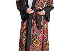 PlayWorld Women’s Geometric Patterns Modest Muslim Islamic Open Front Abaya Jilbab Coat With Belt Playworld