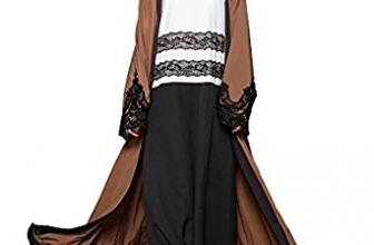 Romacci Women Muslim Cardigan Spliced Crochet Lace Long Wide Sleeve Islamic Abaya Maxi Dress Outwear Brown,S-XL Romacci