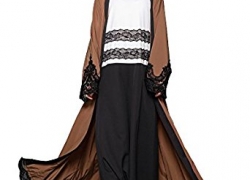 Romacci Women Muslim Cardigan Spliced Crochet Lace Long Wide Sleeve Islamic Abaya Maxi Dress Outwear Brown,S-XL Romacci