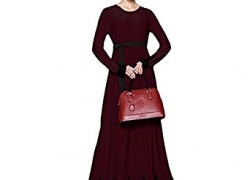 Romacci Women Muslim Maxi Dress Contrast Lace Long Sleeve Abaya Kaftan Islamic Arab Robe Belted Long Dress Burgundy/Brown Romacci