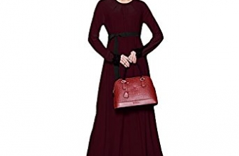 Romacci Women Muslim Maxi Dress Contrast Lace Long Sleeve Abaya Kaftan Islamic Arab Robe Belted Long Dress Burgundy/Brown Romacci