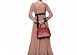 Romacci Women Muslim Maxi Dress Contrast Lace Long Sleeve Abaya Kaftan Islamic Arab Robe Belted Long Dress Burgundy/Brown Romacci