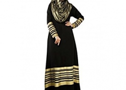Romacci Women Muslim Maxi Dress Stripes Long Sleeves Abaya Kaftan Islamic Robe Long Dress Orange/Black/Dark Blue Romacci