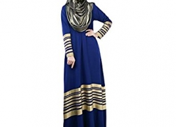 Romacci Women Muslim Maxi Dress Stripes Long Sleeves Abaya Kaftan Islamic Robe Long Dress Orange/Black/Dark Blue Romacci