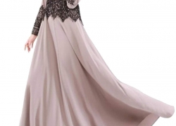 SYTX Womens Muslim Lace Trim Long Sleeve Swing Abaya Kaftan Maxi Dress